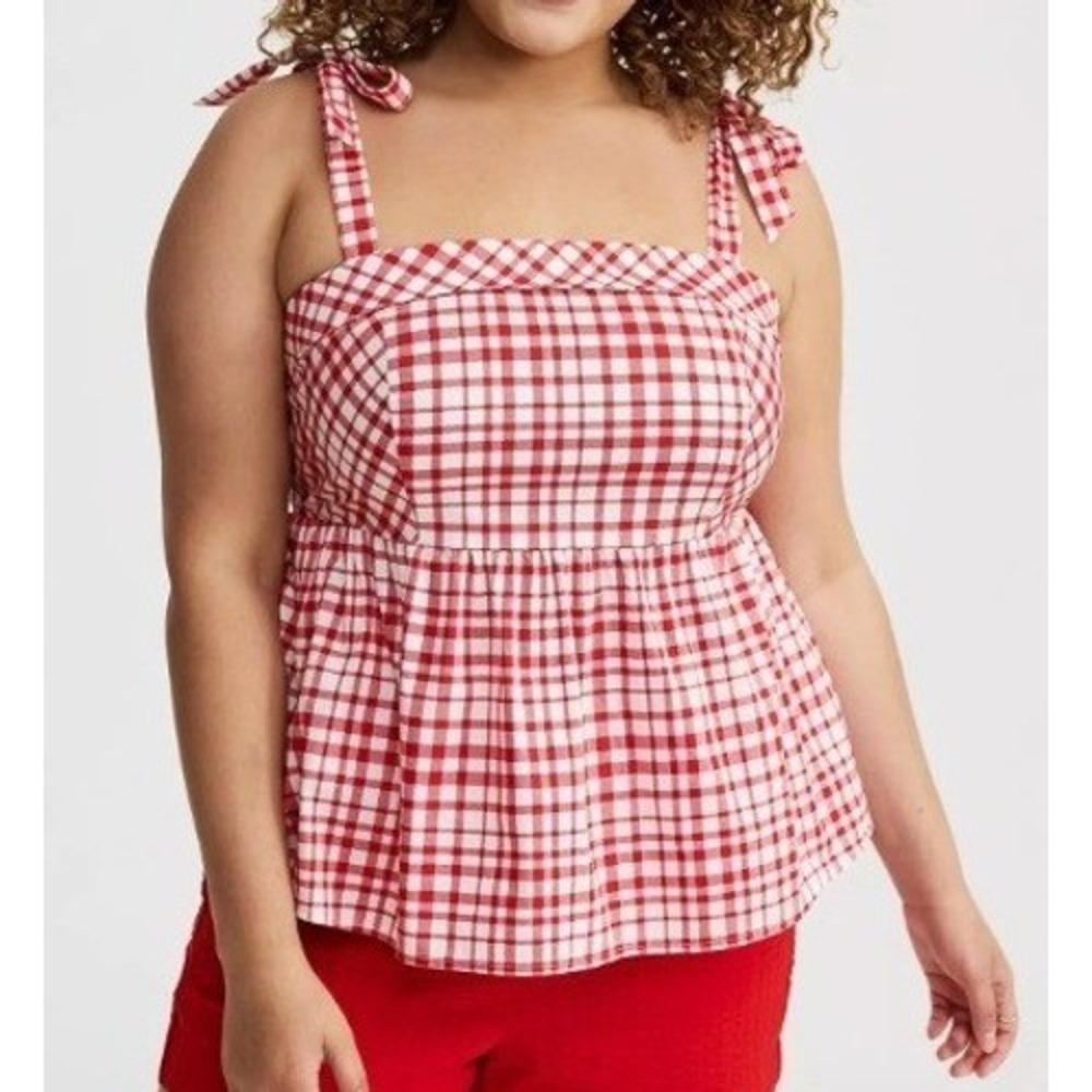 Torrid Poplin Peplum Tie Strap Top‎ Womens 0 (L) Red White Gingham Smocked Back